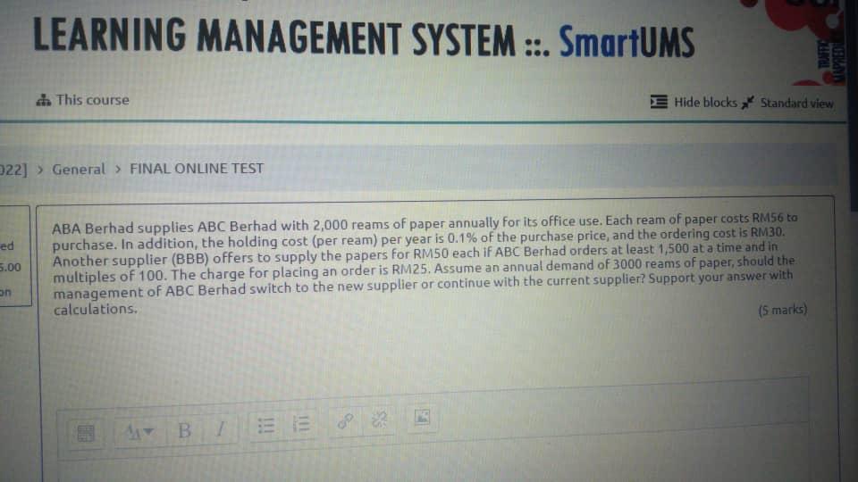 Ed 5 00 Learning Management System Smartums 022 General Final Online Test On This Course Aba Berhad Supplies Abc 1