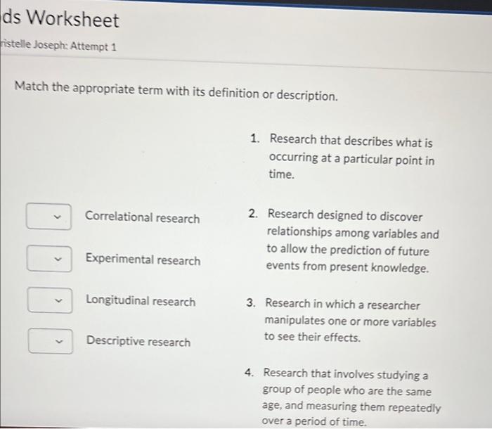 Ds Worksheet Ristelle Joseph Attempt 1 Match The Appropriate Term With Its Definition Or Description Dod Correlational 2