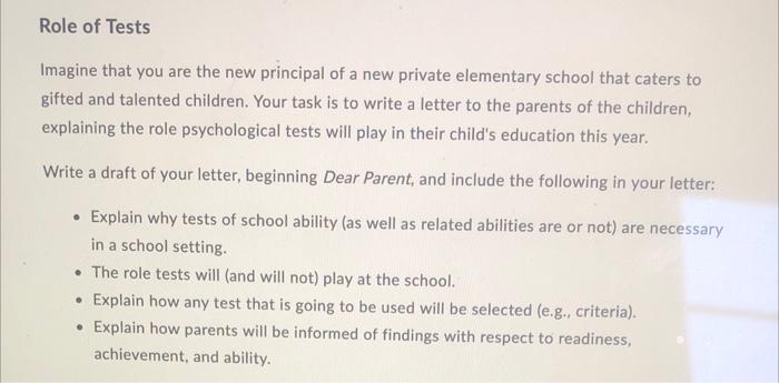 Role Of Tests Imagine That You Are The New Principal Of A New Private Elementary School That Caters To Gifted And Talent 1