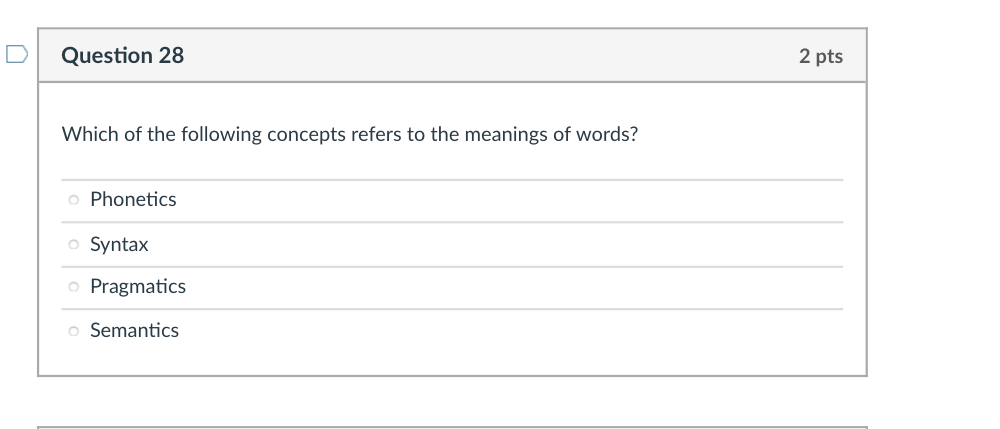 Question 28 Which Of The Following Concepts Refers To The Meanings Of Words O Phonetics O Syntax O Pragmatics O Semanti 1