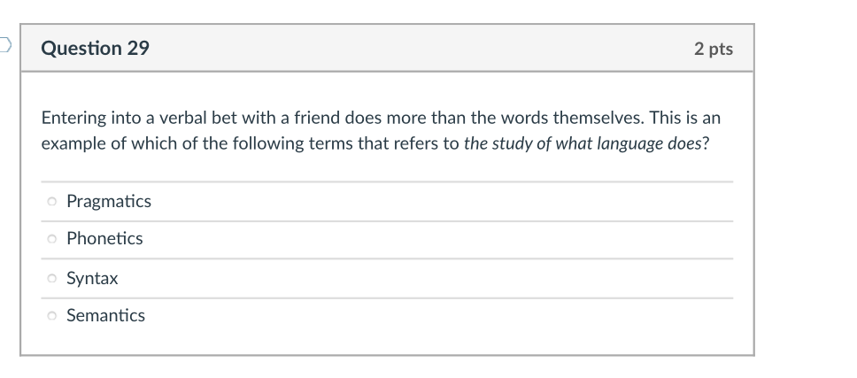 Question 28 Which Of The Following Concepts Refers To The Meanings Of Words O Phonetics O Syntax O Pragmatics O Semanti 2
