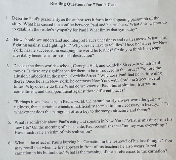 Reading Questions For Paul S Case 1 Describe Paul S Personality As The Author Sets It Forth In The Opening Paragraph 1
