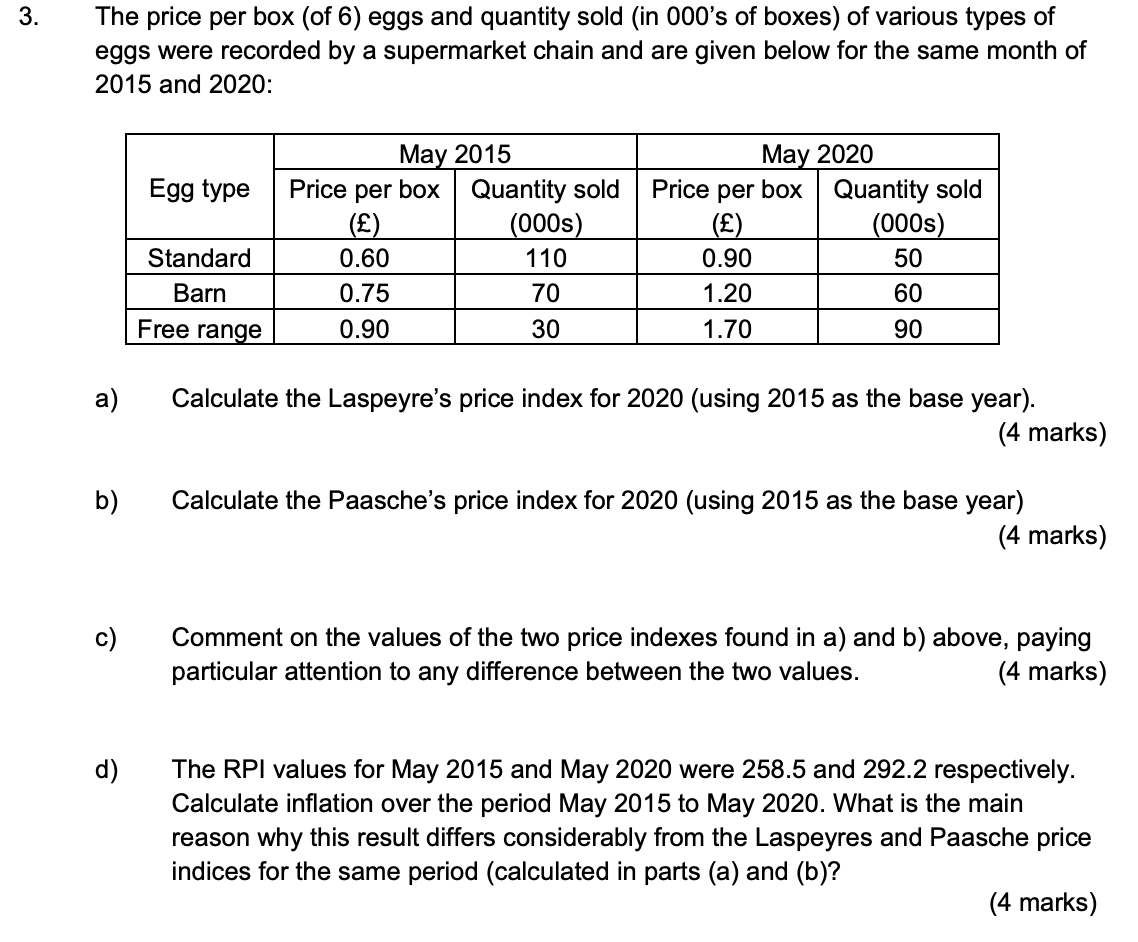 3 The Price Per Box Of 6 Eggs And Quantity Sold In 000 S Of Boxes Of Various Types Of Eggs Were Recorded By A Superm 1
