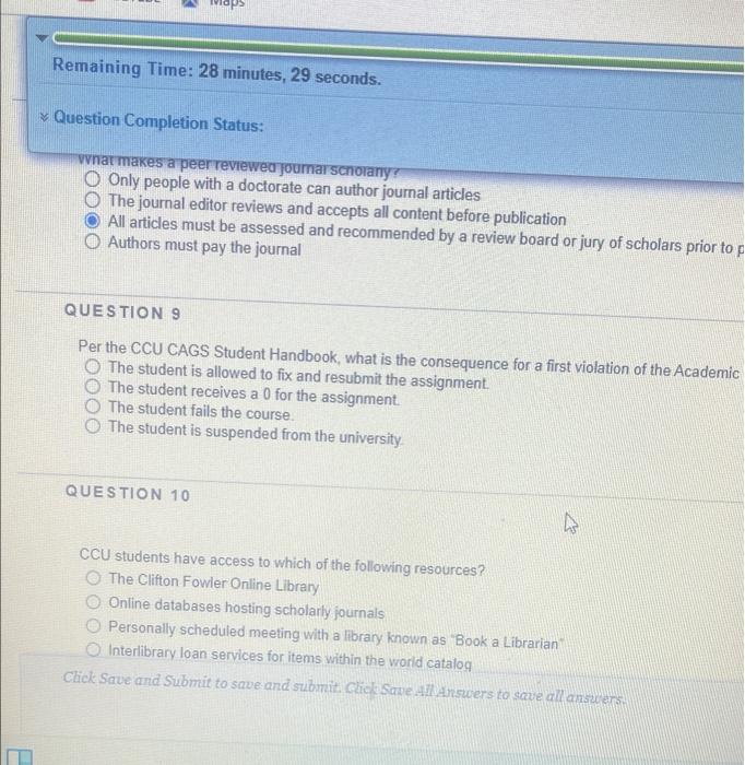Remaining Time 28 Minutes 29 Seconds Question Completion Status What Makes A Peer Reviewed Journal Scholany Only 1
