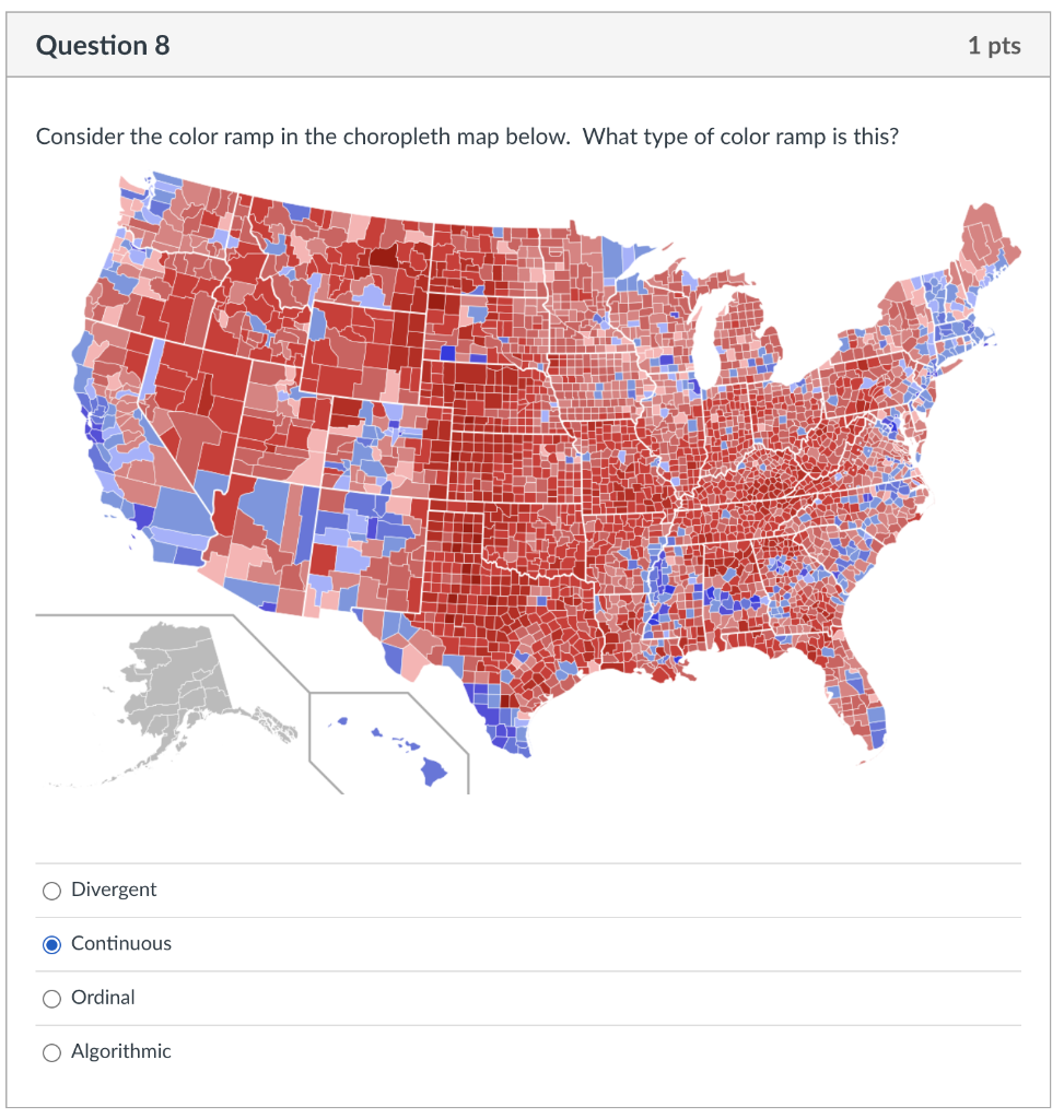 Question 8 Consider The Color Ramp In The Choropleth Map Below What Type Of Color Ramp Is This O Divergent O Continuou 1