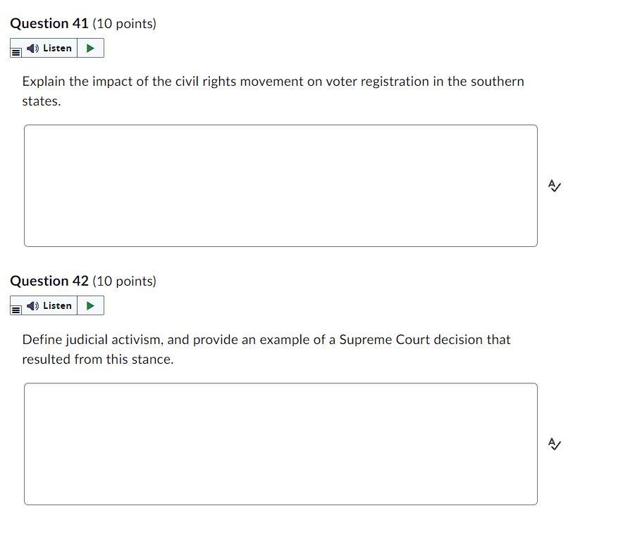 Question 41 10 Points Listen Explain The Impact Of The Civil Rights Movement On Voter Registration In The Southern Sta 1