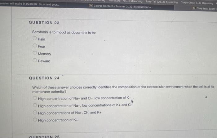 Session Will Expire In 00 00 02 To Extend Your Question 23 Serotonin Is To Mood As Dopamine Is To Pain Fear Memory 1