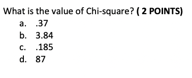 What Is The Value Of Chi Square 2 Points A 37 B 3 84 C 185 D 87 1