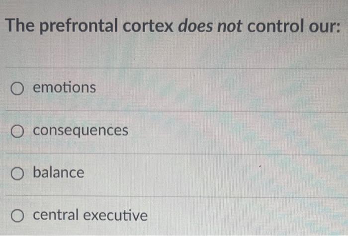 The Prefrontal Cortex Does Not Control Our O Emotions O Consequences O Balance O Central Executive 1