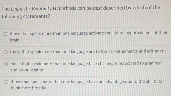 The Linguistic Relativity Hypothesis Can Be Best Described By Which Of The Following Statements O Those That Speak More 1