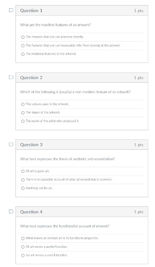 D D Question 1 What Are The Manifest Features Of An Artwork O The Features That One Can Perceive Directly O The Featur 1