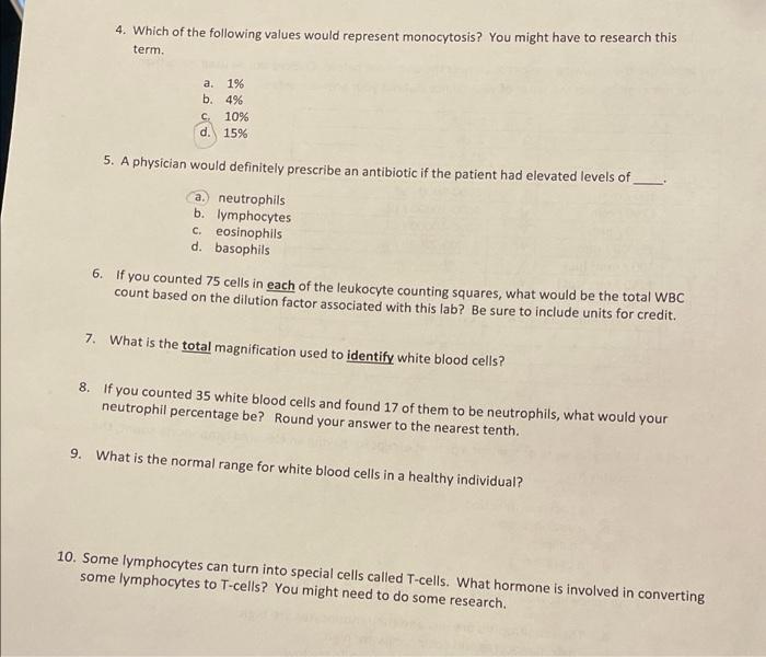 Chapter 11 Leukocyte Lab Answer Choices You Are To Use The Following Choices To Answer The Questions Below Choices Can 2