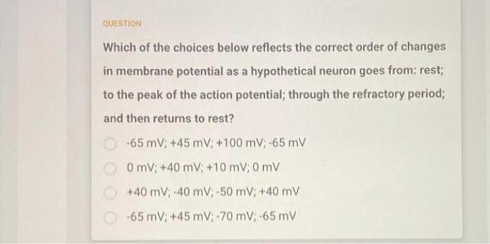 Question Which Of The Choices Below Reflects The Correct Order Of Changes In Membrane Potential As A Hypothetical Neuron 1