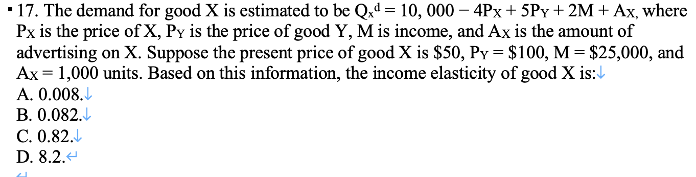 17 The Demand For Good X Is Estimated To Be Qxd 10 000 4px 5py 2m Ax Where Px Is The Price Of X Py I 1