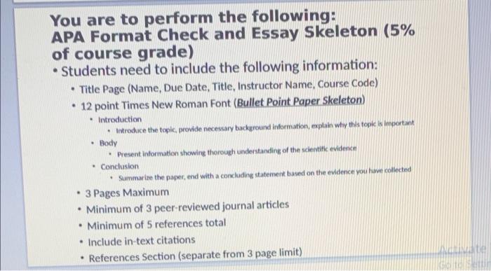 You Are To Perform The Following Apa Format Check And Essay Skeleton 5 Of Course Grade Students Need To Include Th 1