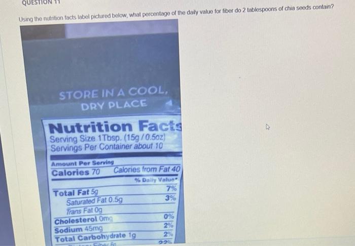 Using The Nutrition Facts Label Pictured Below What Percentage Of The Daily Value For Fiber Do 2 Tablespoons Of Chia Se 1