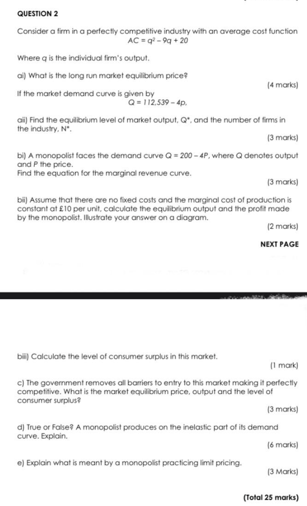 Question 2 Consider A Firm In A Perfectly Competitive Industry With An Average Cost Function Ac 92 99 20 Where Q I 1