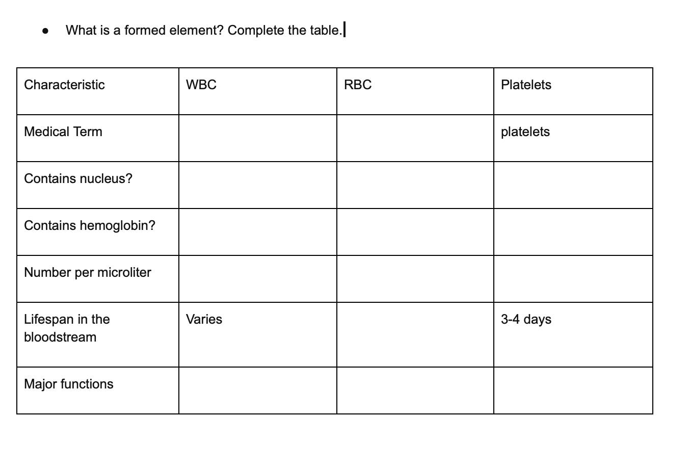 What Is A Formed Element Complete The Table Characteristic Medical Term Contains Nucleus Contains Hemoglobin Number 1