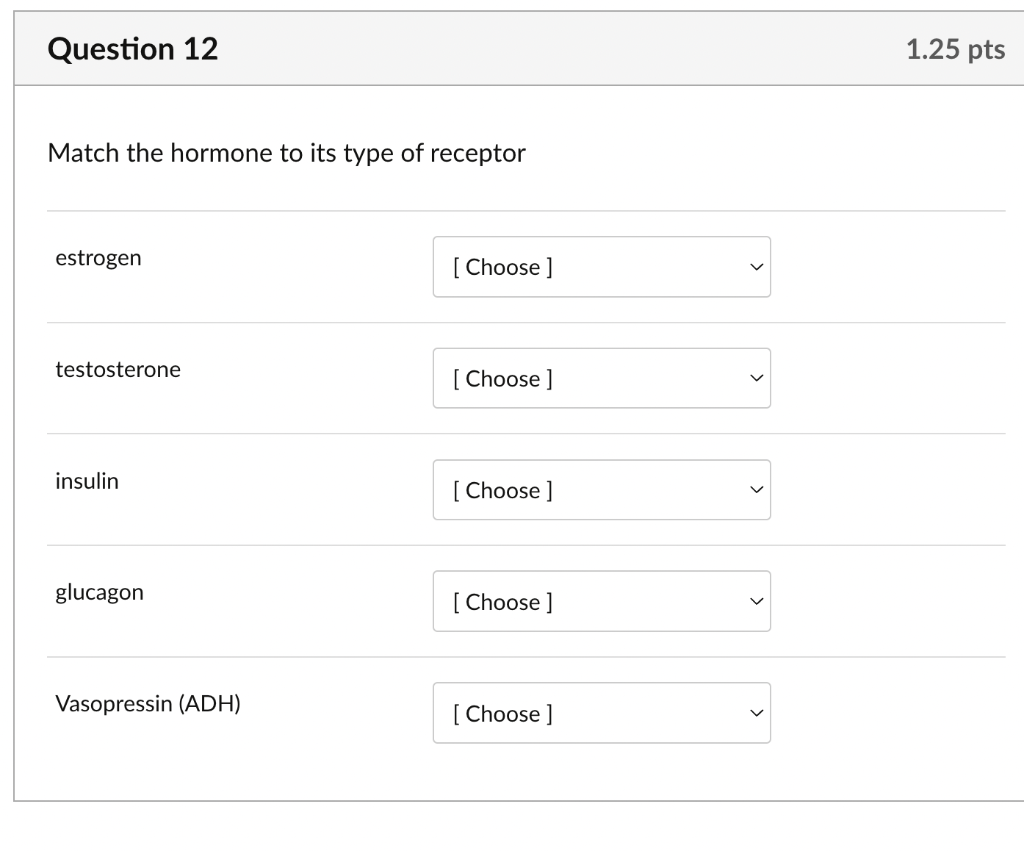Question 12 Match The Hormone To Its Type Of Receptor Estrogen Testosterone Insulin Glucagon Vasopressin Adh Choose 1