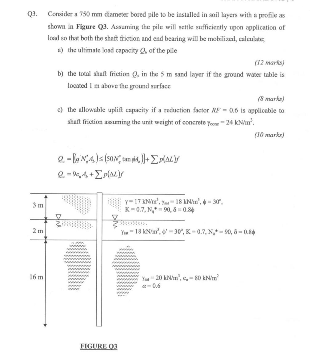 Q3 3 M 2 M 16 M Consider A 750 Mm Diameter Bored Pile To Be Installed In Soil Layers With A Profile As Shown In Figure 1