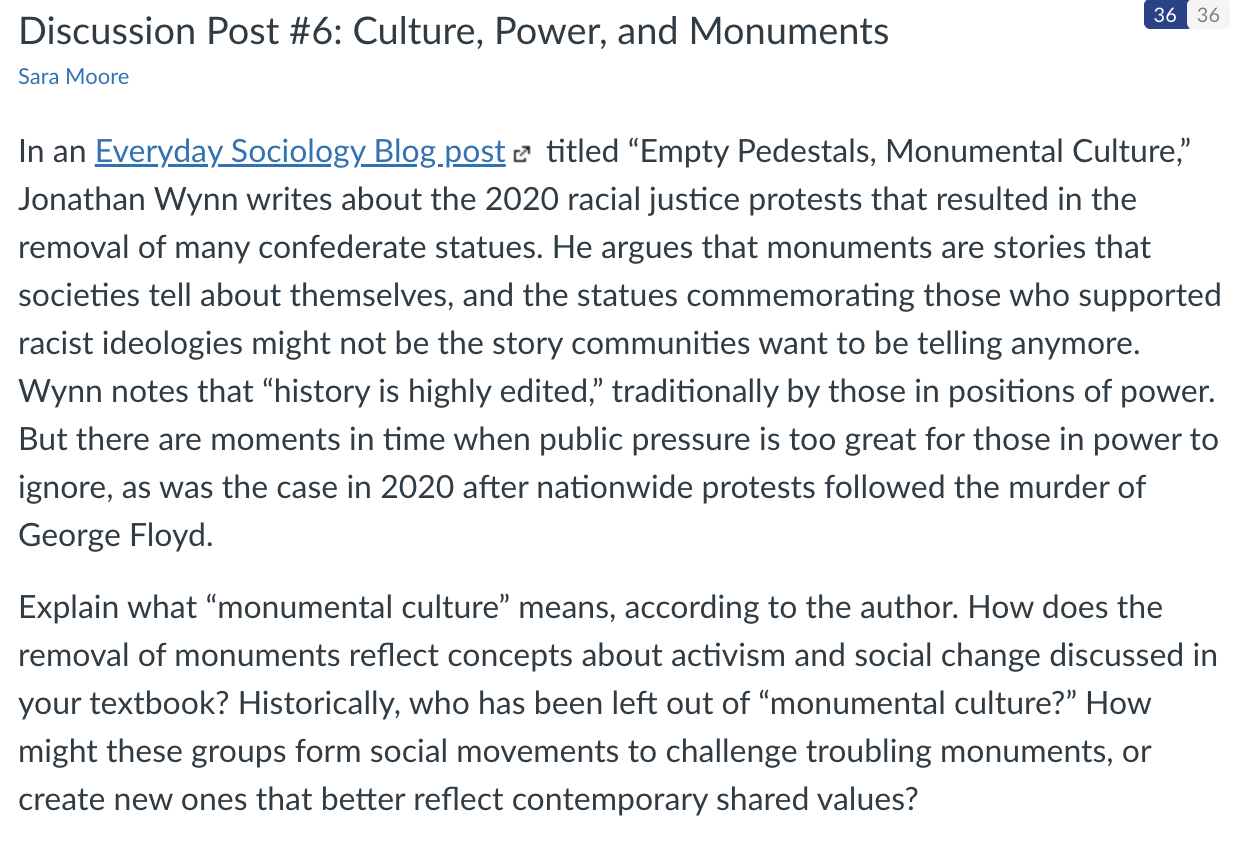 Discussion Post 6 Culture Power And Monuments Sara Moore 36 36 In An Everyday Sociology Blog Post Titled Empty Pe 1