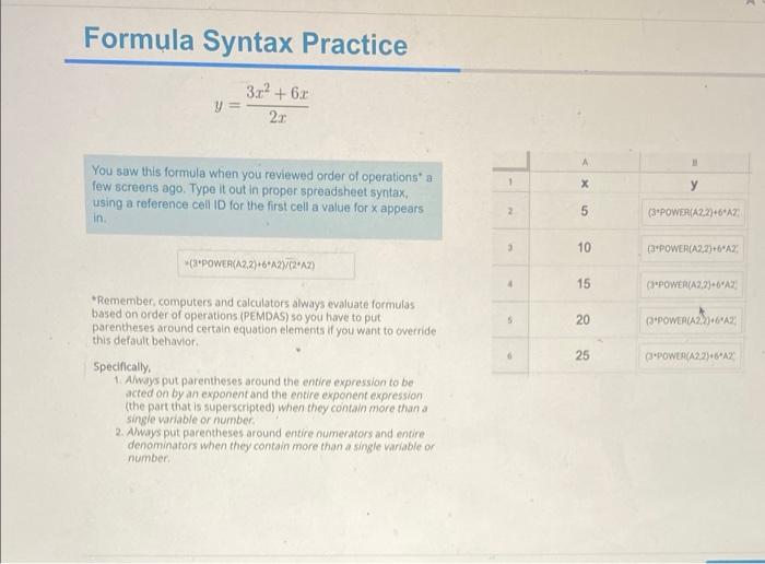 Formula Syntax Practice 3x 6x 2x Y You Saw This Formula When You Reviewed Order Of Operations A Few Screens Ago Ty 1