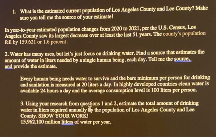 3 Using Your Research From Questions 1 And 2 Estimate The Total Amount Of Drinking Water In Liters Required Annually B 2