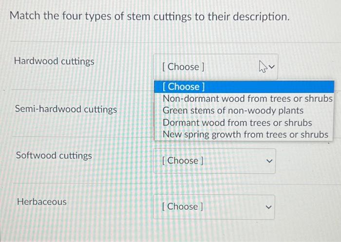 Match The Four Types Of Stem Cuttings To Their Description Hardwood Cuttings Semi Hardwood Cuttings Softwood Cuttings H 1