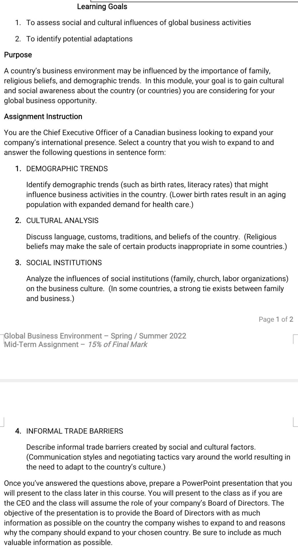 Learning Goals 1 To Assess Social And Cultural Influences Of Global Business Activities 2 To Identify Potential Adapta 1