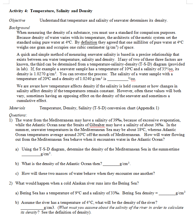 Activity 4 Temperature Salinity And Density Understand That Temperature And Salinity Of Seawater Determines Its Densit 1