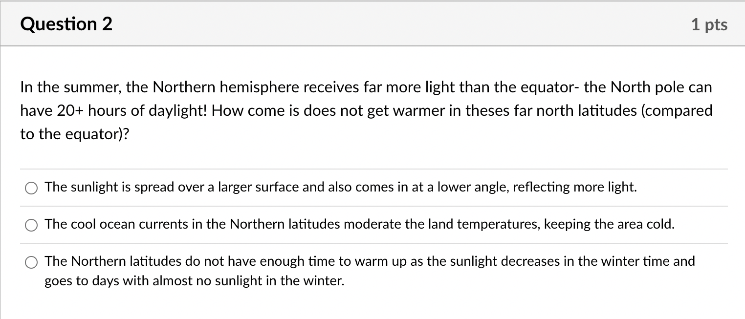 Question 2 1 Pts In The Summer The Northern Hemisphere Receives Far More Light Than The Equator The North Pole Can Hav 1
