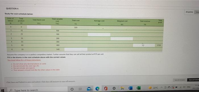 Question 4 25 Points Study The Cost Schedule Below M Ti Trg Tvc Total Tc 300 Mar Mo The 0 0 100 10 25 2 100 3 200 4 8 40 1