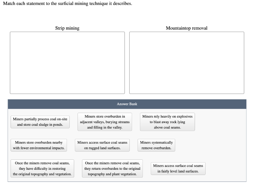 Match Each Statement To The Surficial Mining Technique It Describes Strip Mining Miners Partially Process Coal On Site 1