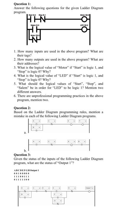 Question 1 Answer The Following Questions For The Given Ladder Diagram Program Start 10 0 Slop 10 1 A A Salem 10 3 1 1