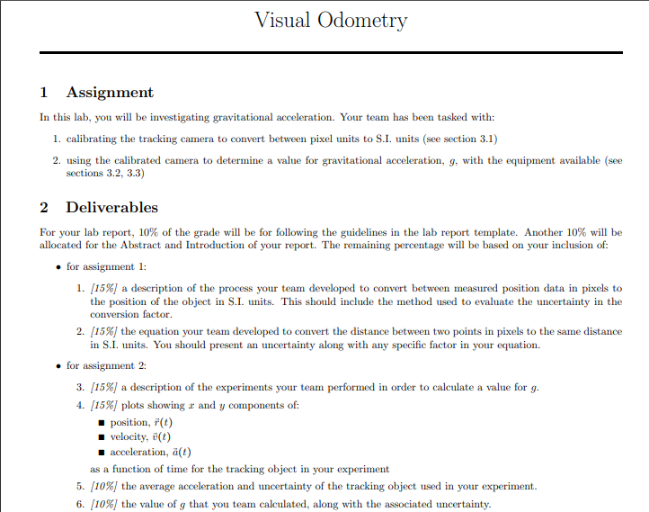 Visual Odometry 1 Assignment In This Lab You Will Be Investigating Gravitational Acceleration Your Team Has Been Taske 1