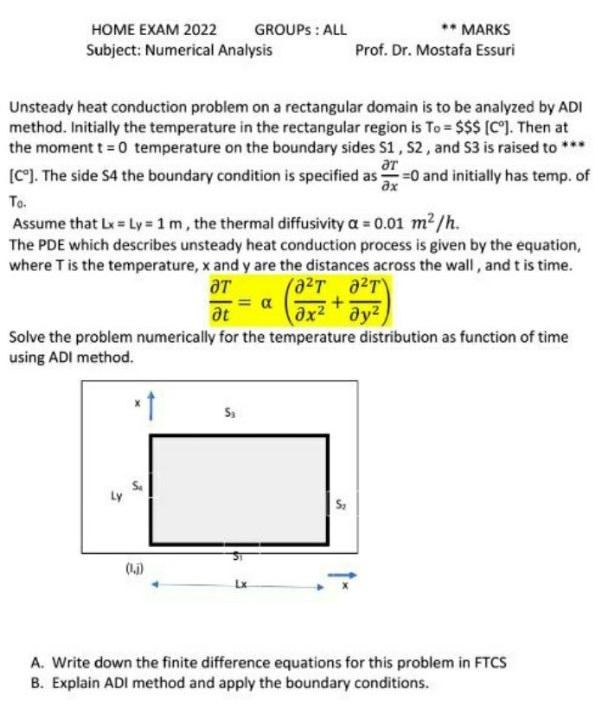 Home Exam 2022 Groups All Subject Numerical Analysis Unsteady Heat Conduction Problem On A Rectangular Domain Is To Be 1