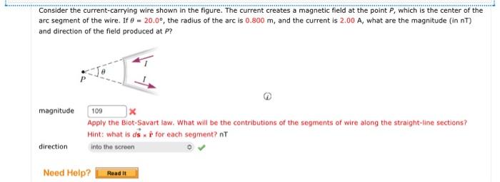 Consider The Current Carrying Wire Shown In The Figure The Current Creates A Magnetic Field At The Point P Which Is Th 1