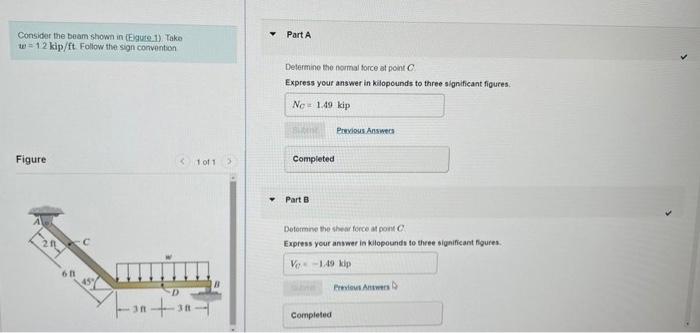 Consider The Beam Shown In Eigure 1 Take W 12 Kip Ft Follow The Sign Convention Figure 21 1 Of 1 Fon S Part A D 1