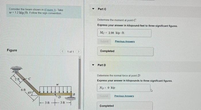 Consider The Beam Shown In Eigure 1 Take W 12 Kip Ft Follow The Sign Convention Figure 21 1 Of 1 Fon S Part A D 2