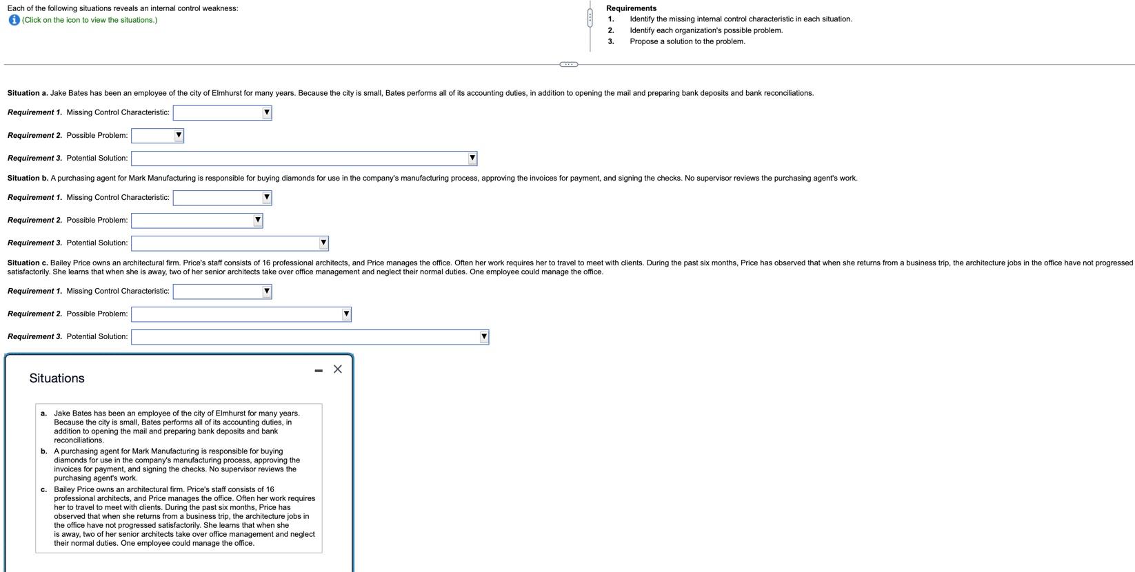 Each Of The Following Situations Reveals An Internal Control Weakness I Click On The Icon To View The Situations Req 1
