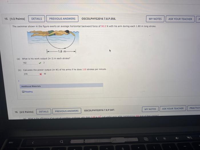 15 1 2 Points Details Previous Answers Oscolphys2016 7 8 P 056 The Swimmer Shown In The Figure Exerts An Average Hor 1