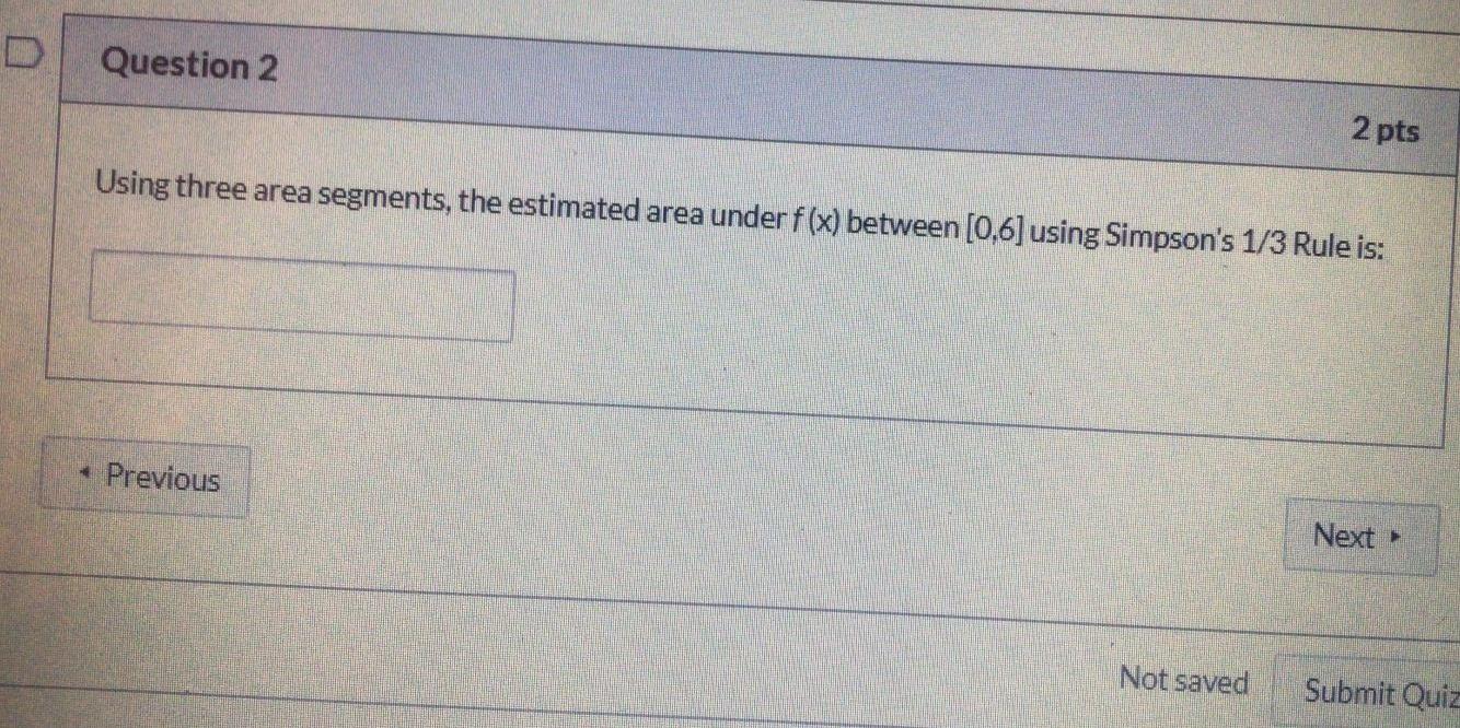 Question 2 2 Pts Using Three Area Segments The Estimated Area Under F X Between 0 6 Using Simpson S 1 3 Rule Is P 1