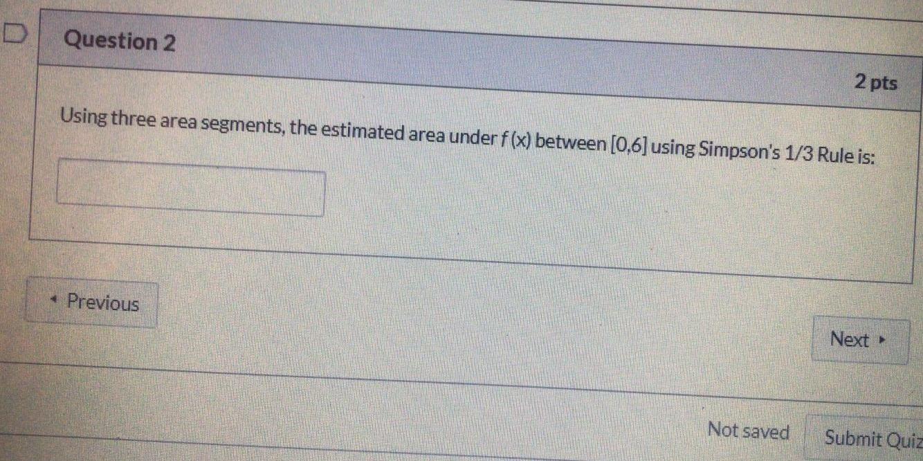 Question 2 2 Pts Using Three Area Segments The Estimated Area Under F X Between 0 6 Using Simpson S 1 3 Rule Is P 1