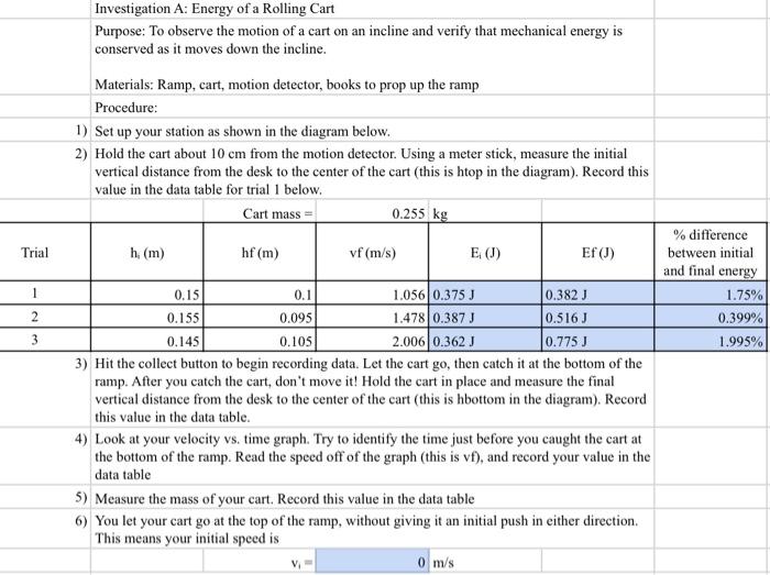 Trial 1 2 3 Investigation A Energy Of A Rolling Cart Purpose To Observe The Motion Of A Cart On An Incline And Verify 1