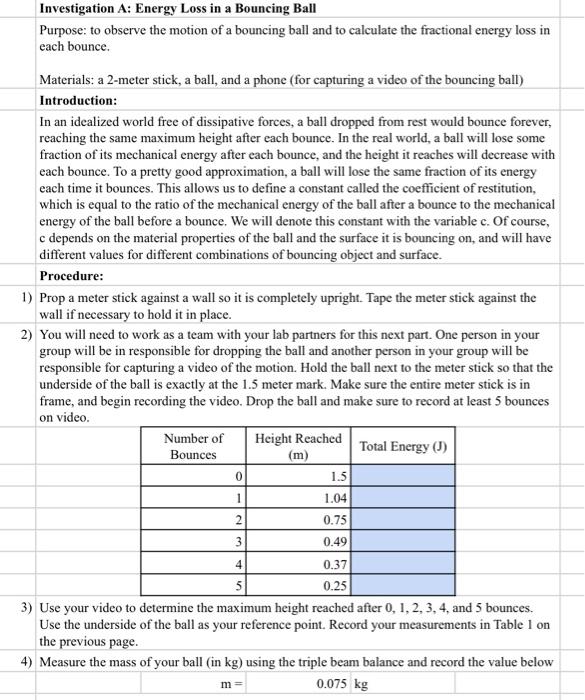 Investigation A Energy Loss In A Bouncing Ball Purpose To Observe The Motion Of A Bouncing Ball And To Calculate The F 1