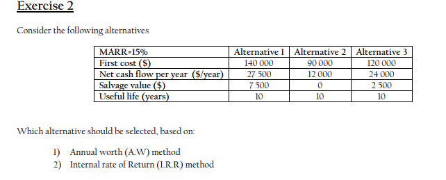 Exercise 2 Consider The Following Alternatives Marr 15 First Cost Net Cash Flow Per Year Year Salvage Value 1