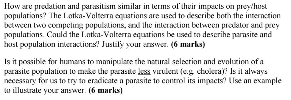 How Are Predation And Parasitism Similar In Terms Of Their Impacts On Prey Host Populations The Lotka Volterra Equation 1