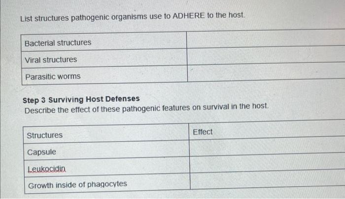 List Structures Pathogenic Organisms Use To Adhere To The Host Bacterial Structures Viral Structures Parasitic Worms St 1