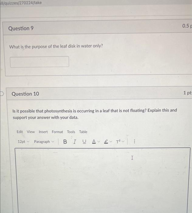 Question 9 10 Photosynthesis Experiment 1