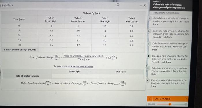 Lab Data Time Min 0 5 10 15 20 Rate Of Volume Change Ml Hr Tube 1 Green Light Rate Of Photosynthesis Rate Of Volume 1